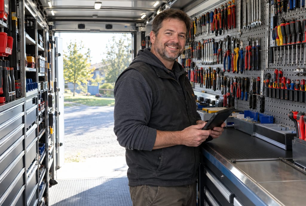 A tool dealer with a tablet inside his truck