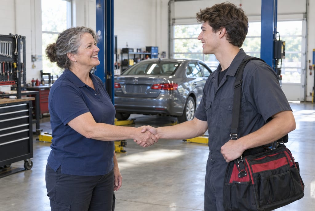 A shop owner welcomes a young technician with a handshake